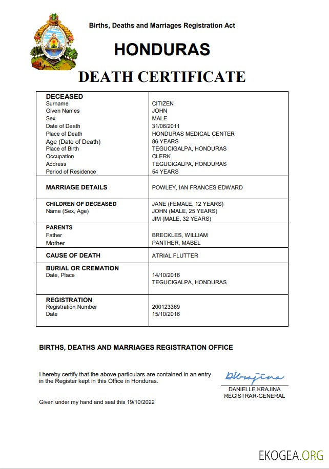 Modèle Word et PDF de certificat de décès de l'état civil du Honduras